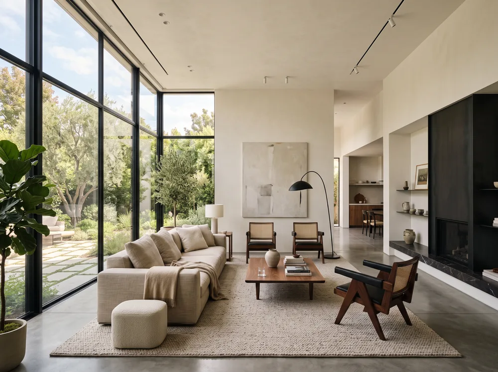 Sala de estar minimalista e sofisticada com luz natural