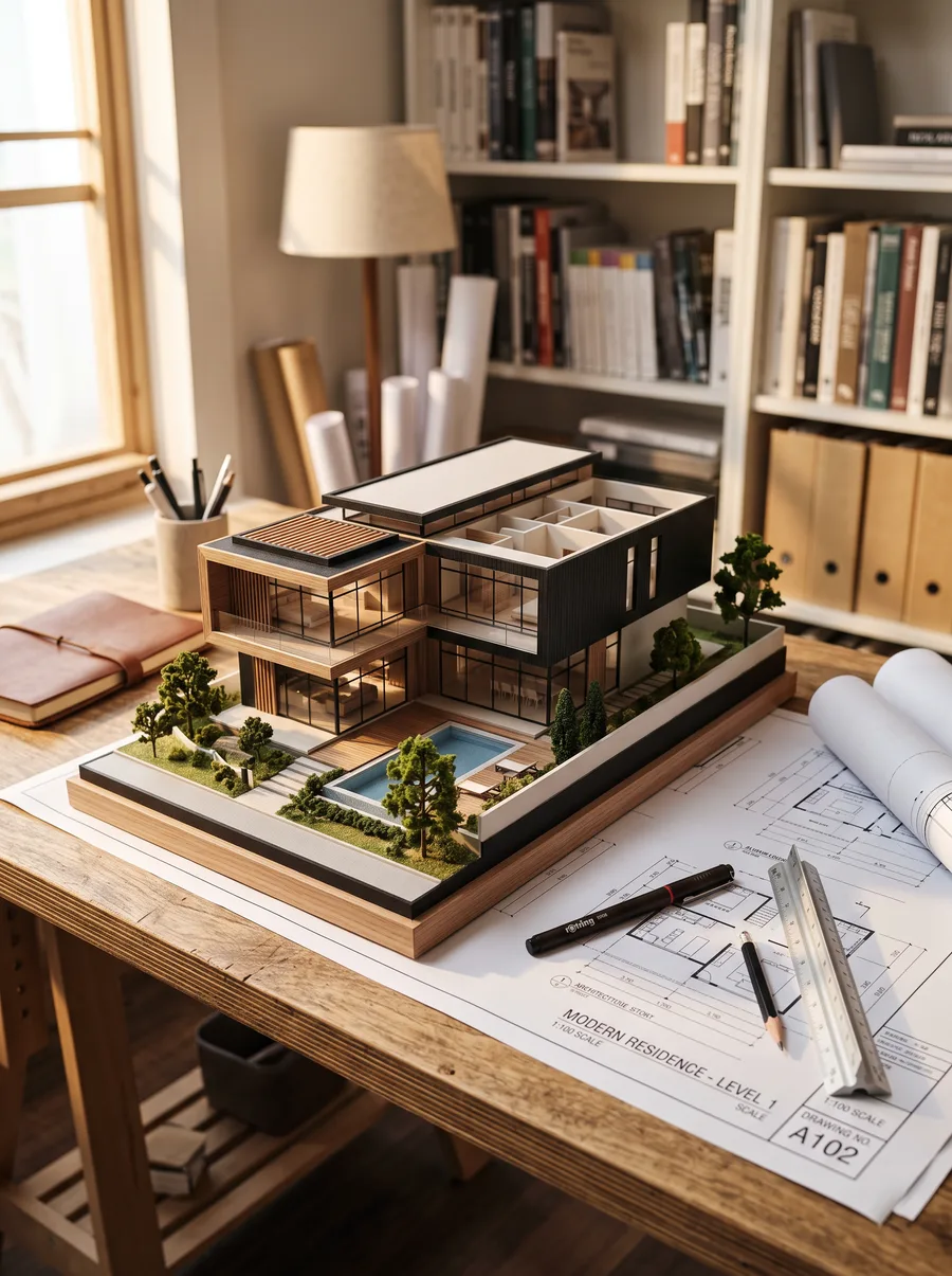 Maquete arquitetônica de uma casa moderna ao lado de plantas