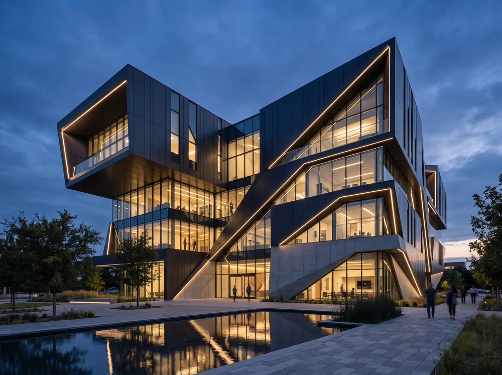 Fachada de edifício moderno com geometria marcante ao anoitecer